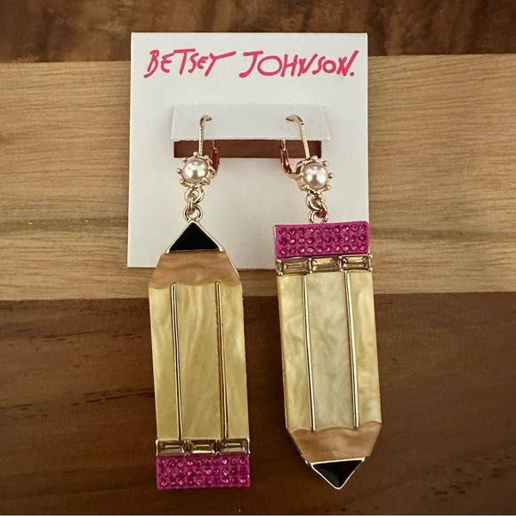 Betsey Johnson Gold Tone Back to School Pencil Mismatch Drop Earrings NWT - Picture 2 of 4